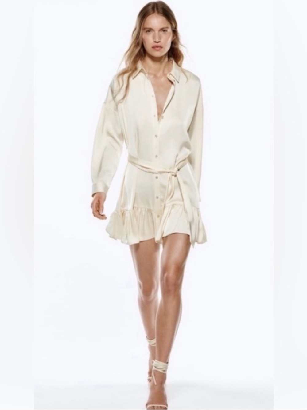 Zara White Ruffle-Hem Shirt Mini Dress - Picture 2 of 12
